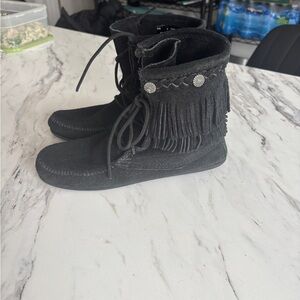 Black Fringe Suede Moccasin Boots